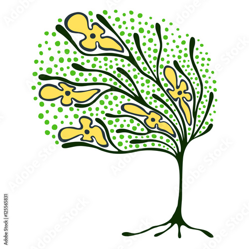 Vector hand drawn illustration, decorative ornamental stylized tree.  Green graphic illustration isolated on the white background. Inc drawing silhouette. Decorative artistic ornamental wood