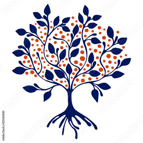 Vector hand drawn illustration, decorative ornamental stylized tree.  Blue and red graphic illustration isolated on the white background. Inc drawing silhouette. Decorative artistic ornamental wood