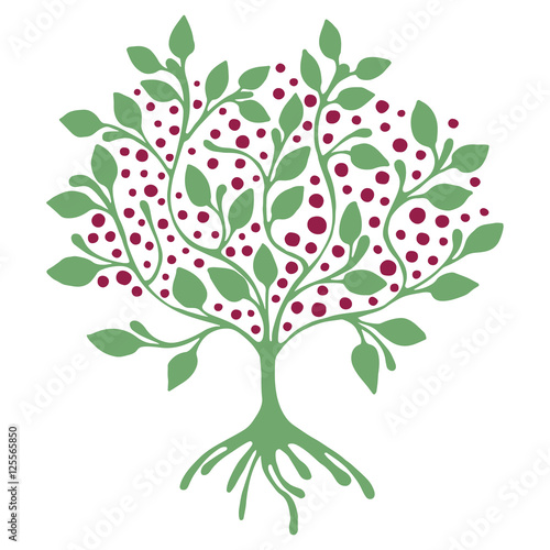 Vector hand drawn illustration, decorative ornamental stylized tree.  Green graphic illustration isolated on the white background. Inc drawing silhouette. Decorative artistic ornamental wood