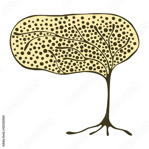 Vector hand drawn illustration, decorative ornamental stylized tree.  Yellow graphic illustration isolated on the white background. Inc drawing silhouette. Decorative artistic ornamental wood