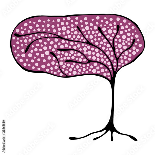 Vector hand drawn illustration, decorative ornamental stylized tree. Violet graphic illustration isolated on the white background. Inc drawing silhouette. Decorative artistic ornamental wood