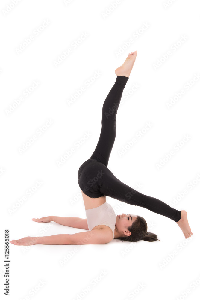 Asian woman doing a planking pose isolated on white background.