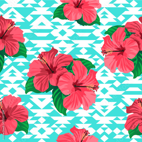 Fototapeta Naklejka Na Ścianę i Meble -  Tropical flowers and palm leaves on background. Seamless. Vector pattern.