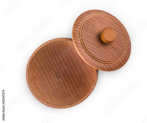 Empty wooden bowl with a lid isolated on white background