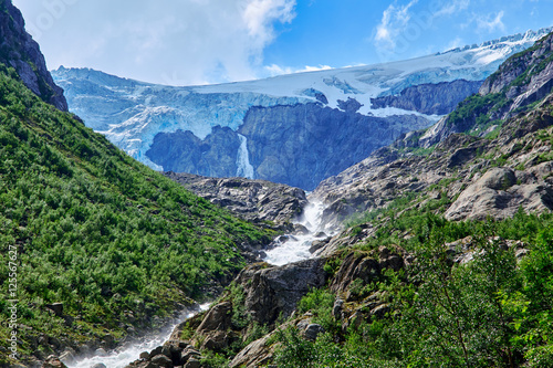 Looking up the canyon to Folgefonna Glacier in Hardanger Norway