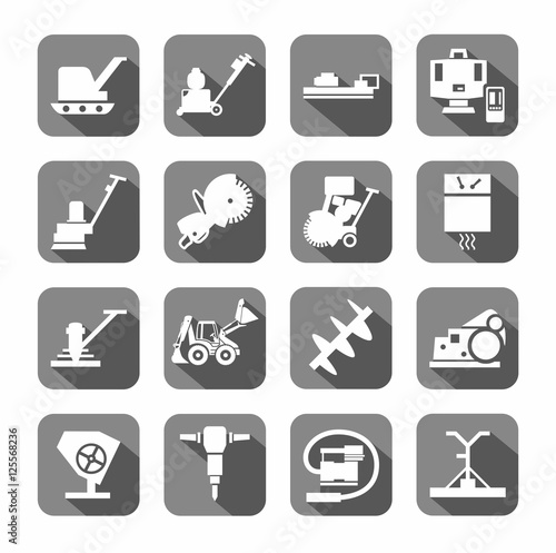 Equipment for working with concrete, construction equipment, icons, gray, flat. White, vector image of construction equipment and tools on a gray background with shadow. 