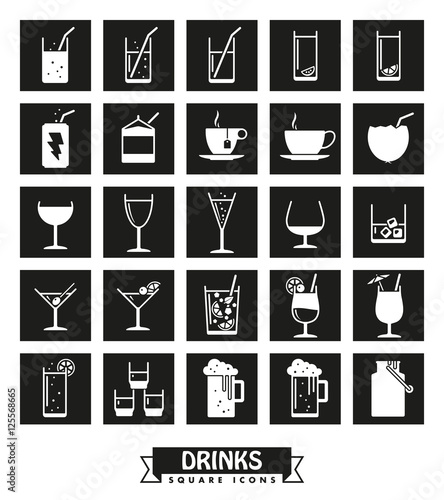 drinks and beverages square icons vector set.