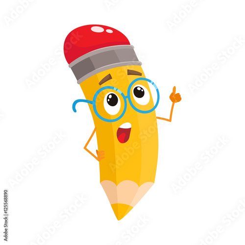 Yellow cartoon pencil in glasses telling something clever and pointing finger up, vector illustration isolated on white background. Humanized funny pencil teacher in large nerdy glasses