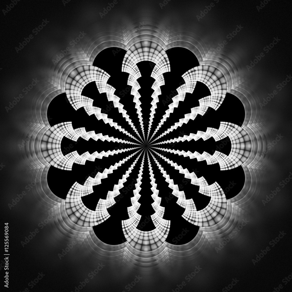 Abstract flower mandala on black background. Symmetrical pattern in black  and white colors. Fantasy fractal design for posters, postcards, wallpapers  or t-shirts. Digital art. 3D rendering. Stock Illustration | Adobe Stock