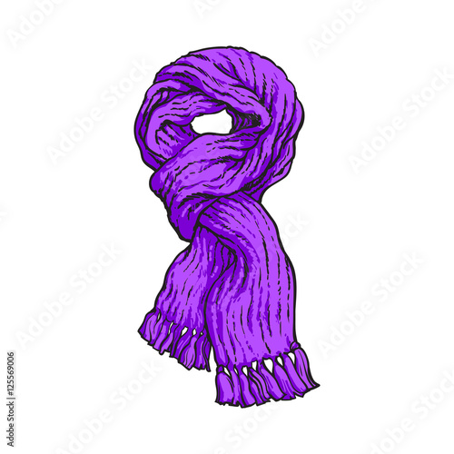 Bright purple slip knotted winter knitted scarf with tassels, sketch style vector illustrations isolated on white background. Hand drawn fluffy woolen scarf tied in slip knot, winter accessory