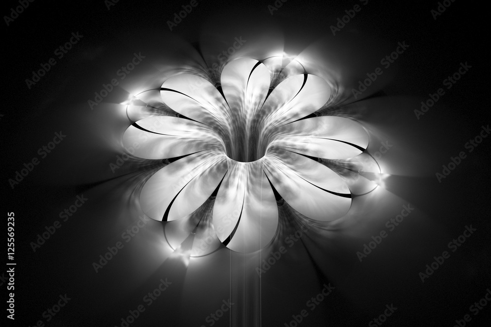 Abstract glowing monochrome flower on black background. Fantasy black