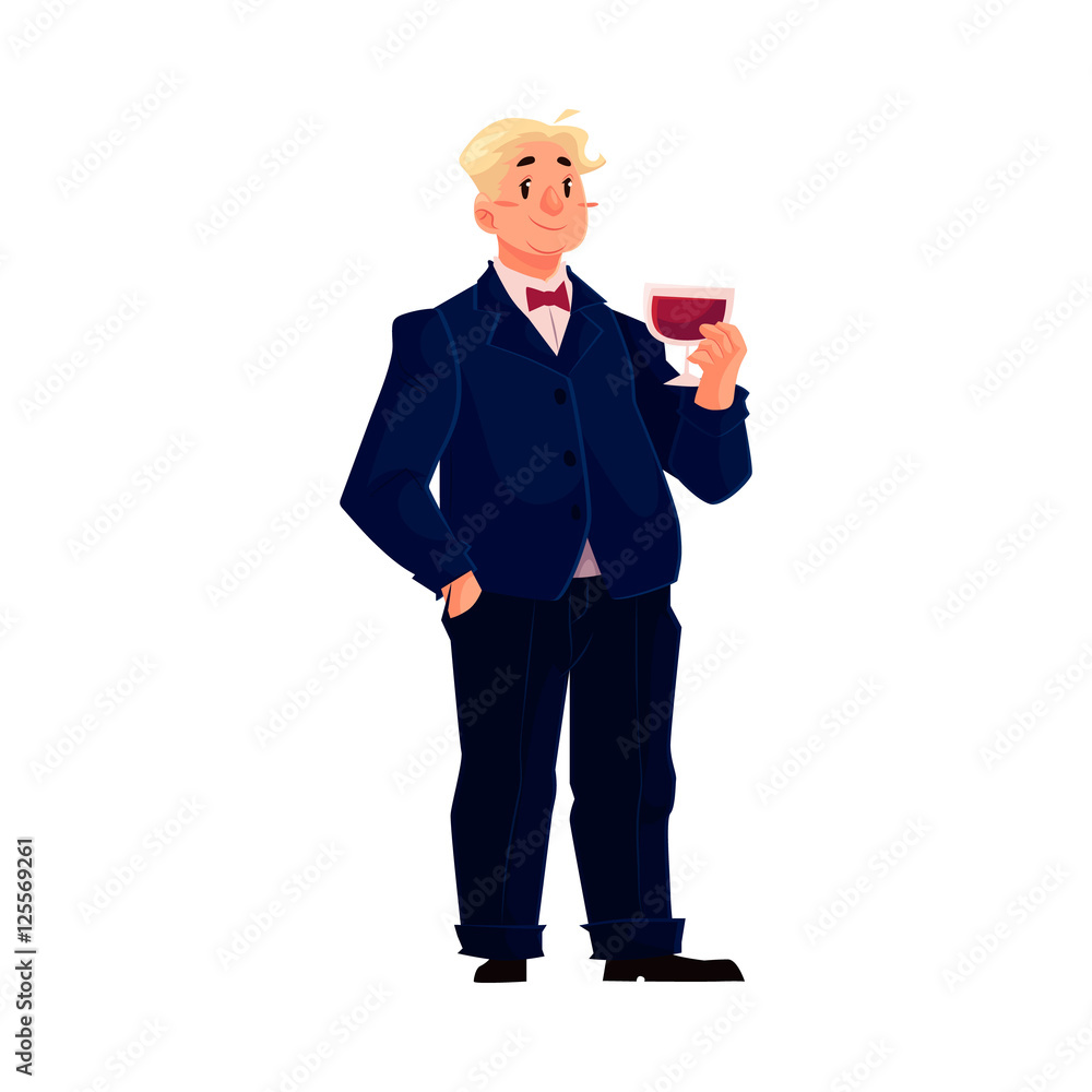 Young, happy fat man in business suit with a glass of wine, cartoon vector illustration isolated on white background. Overweight, fat man in tuxedo enjoying life and having fun Young, happy fat man in business suit with a glass of wine, cartoon vector illustration isolated on white background. Overweight, fat man in tuxedo enjoying life and having fun