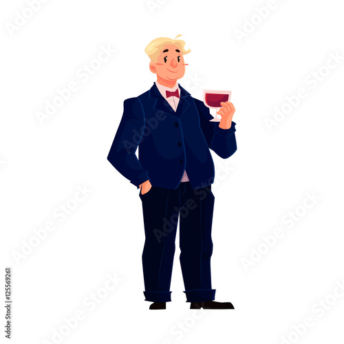 Young, happy fat man in business suit with a glass of wine, cartoon vector illustration isolated on white background. Overweight, fat man in tuxedo enjoying life and having fun