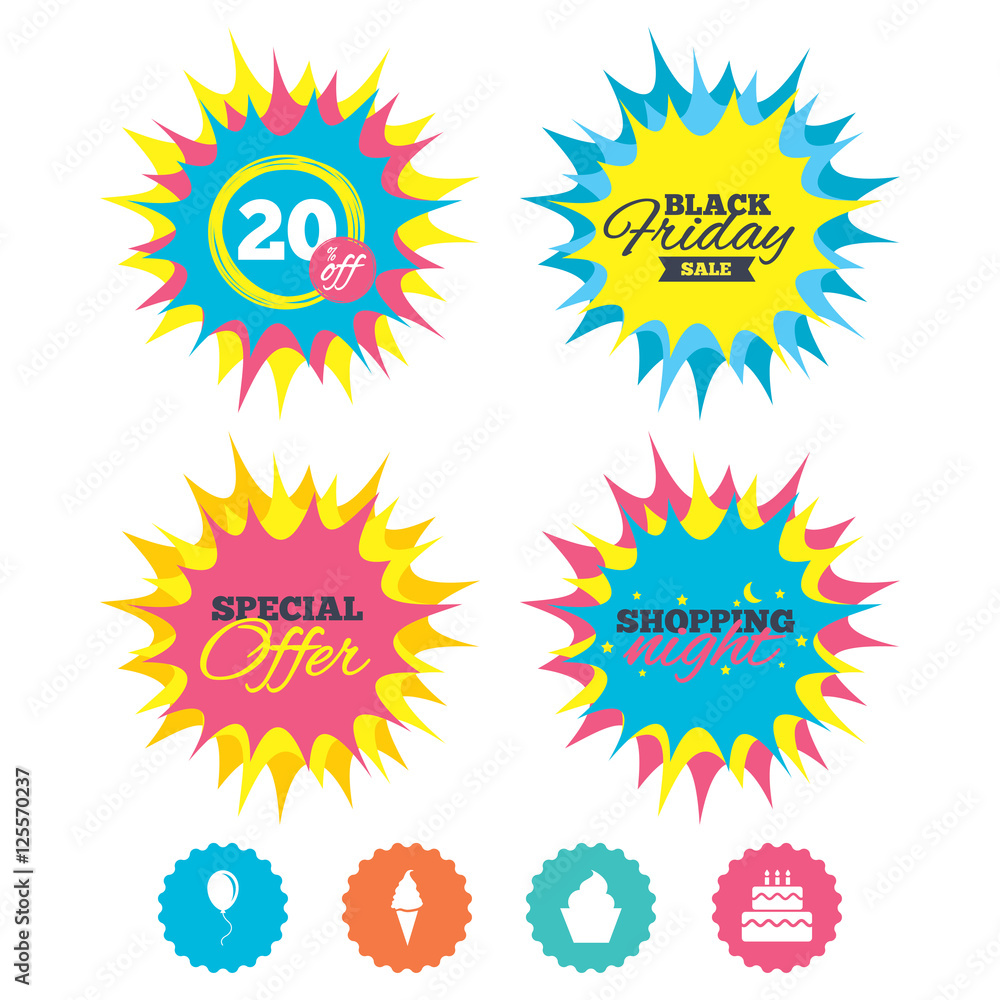 Birthday party icons. Cake with ice cream symbol. Birthday party icons. Cake with ice cream symbol.