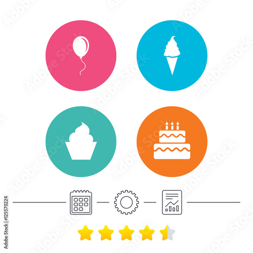 Birthday party icons. Cake with ice cream symbol. © blankstock