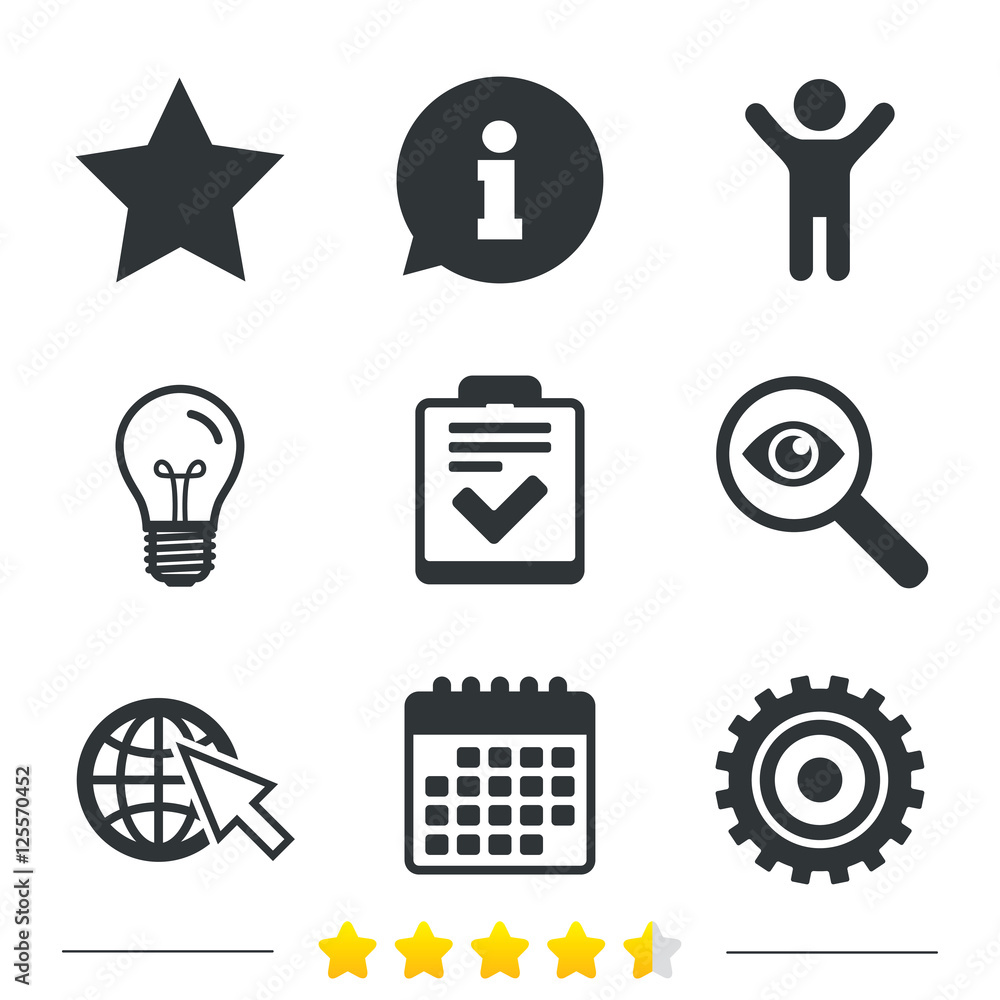 Star and globe signs. Checklist, gear. Star and globe signs. Checklist, gear.
