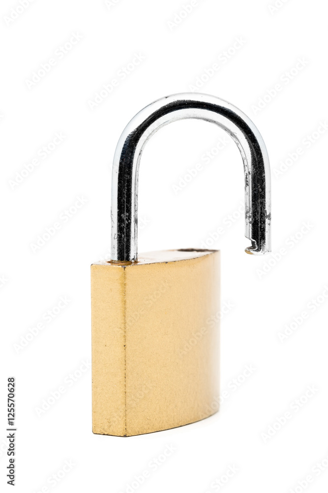 Open brass clean padlock on white Open brass clean padlock on white
