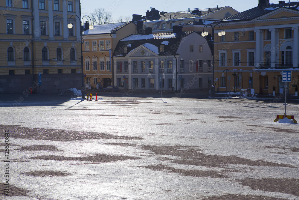 Ice covered covering of the area in Helsinki's center, Finland