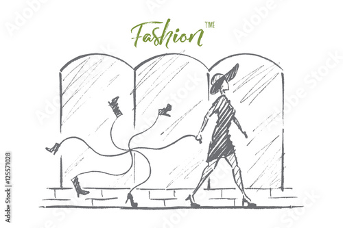 Vector hand drawn Fashion time concept sketch. Stylish woman in dress and hat walking alone and carrying bunch of new footwear tied with rope. Lettering Fashion time