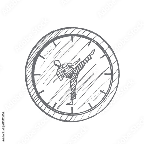 Vector hand drawn Fight clock concept sketch. Clock with hitting karateka instead of clock hands