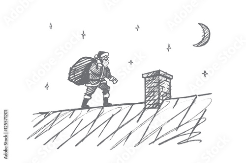 Vector hand drawn Santa Claus concept sketch. Santa Claus with big bag full of presents going to chimney on roof at midnight