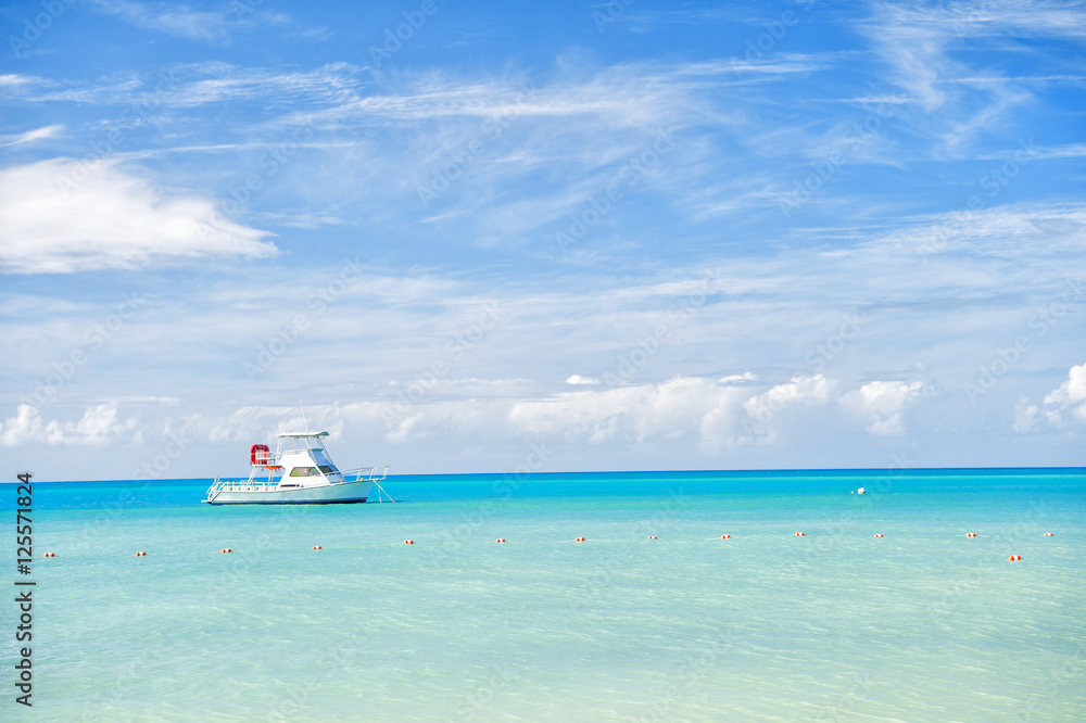 Attractive bright view of exotic colorful beautiful marine beach with boat on blue water