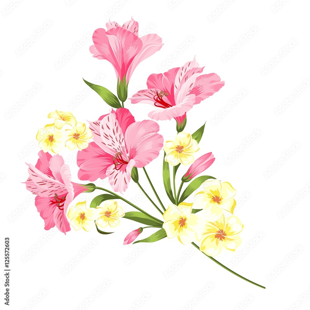 Happy holiday card with floral garland. Wedding garland set with tropical flowers for invitation card. Summer holiday invitation card with floral garland with text place. Vector illustration.