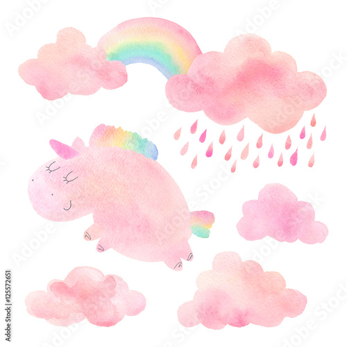 Watercolor unicorn and clouds with rain and rainbow