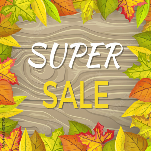 Super Sale Fall Banner Isolated Wooden Background