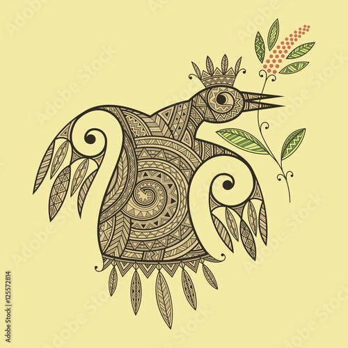 tribal ornamental bird with coffee plant, vector