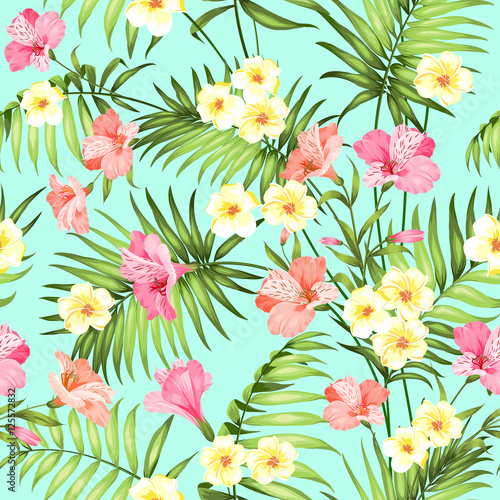 Seamless tropical flower. Plumeria flowers and jungle palms. Beautiful fabric pattern with a tropical flowers isolated over green background. Blossom flowers for seamless pattern background.