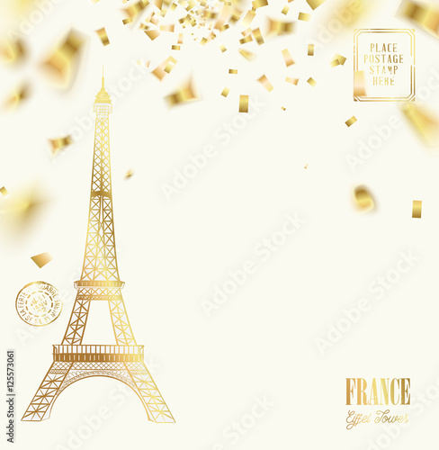 Eiffel tower icon with Golden confetti falls isolated over white background and sign Paris Eiffel Tower France. Vector illustration.