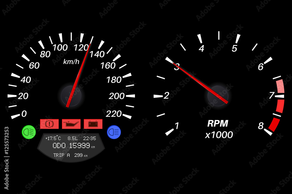 Car dashboard. Speedometer and tachometer