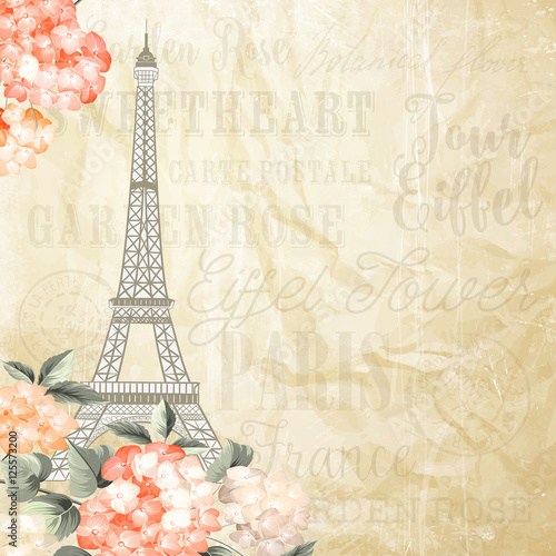 Eiffel tower simbol with spring blooming flowers over brown text pattern with sign Paris France Tour Eiffel. Vector illustration.