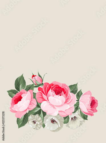 Invitation card template with blooming roses and place for text isolated over gray background. Red colored composition. Vector illustration.