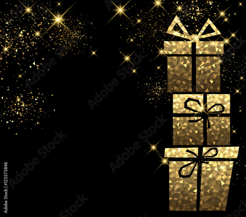 Christmas background with golden gifts.