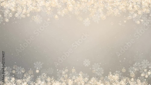 Christmas frame on gray. Winter card with glowing snowflakes, stars and snow on top and bottom. Computer generated seamless loop abstract background.