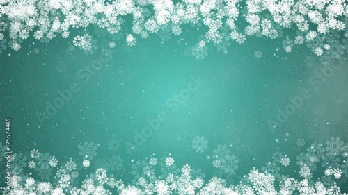 Christmas frame on green. Winter card with glowing snowflakes, stars and snow on top and bottom. Computer generated seamless loop abstract background.