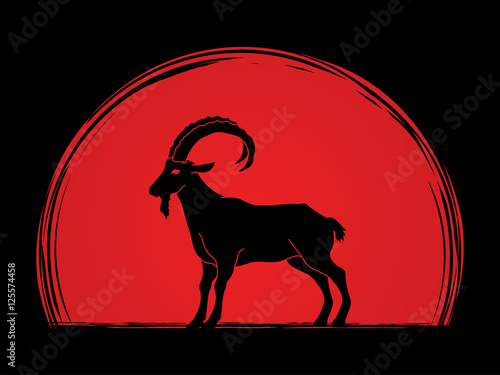 Goat standing designed on sunrise background graphic vector.