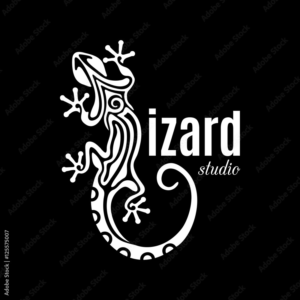 Naklejka premium Lizard Studio logo. Outline salamander icon. White reptile silhouette isolated on black background. Abstract design element. Vector illustration