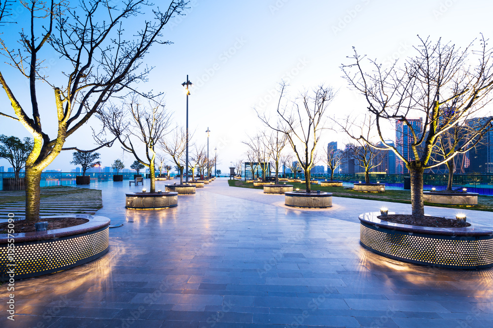 Naklejka premium cityscape and skyline of hangzhou new city from empty square