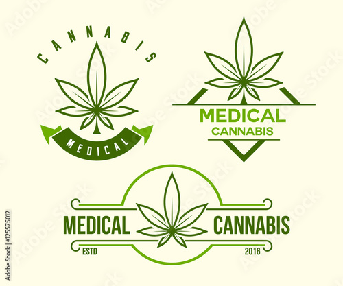 set of green medical cannabis emblem, logo . classic vintage style