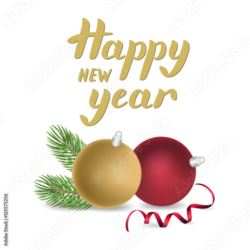 Happy new year card design with fir tree branch  decoration balls and ribbon