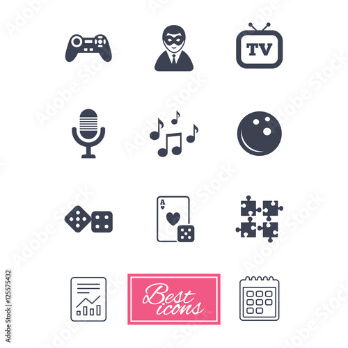 Entertainment icons. Game, bowling and puzzle.