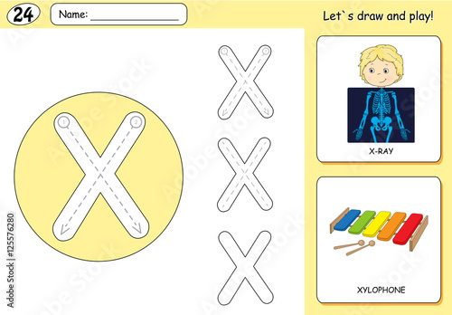 Cartoon x-ray boy and xylophone. Alphabet tracing worksheet: wri