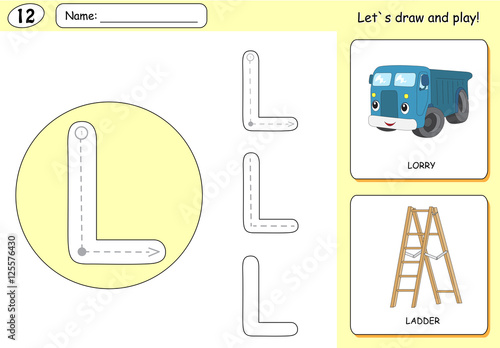 Cartoon lorry and ladder. Alphabet tracing worksheet: writing A-