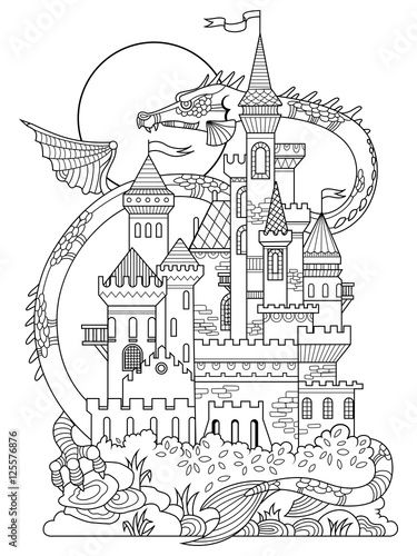 Castle and dragon coloring book vector