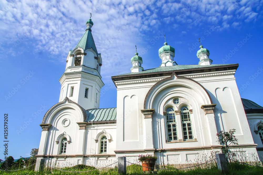 Russian Orthodox Church with blue cloudy sky in Hakodate, Japan