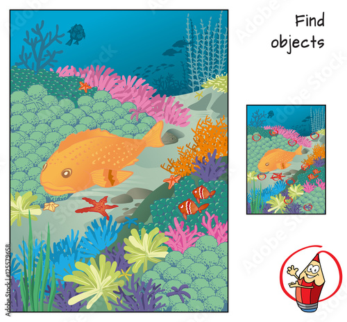 Find 10 starfishes. Find objects visual game for chiildren. Cartoon vector illustration
