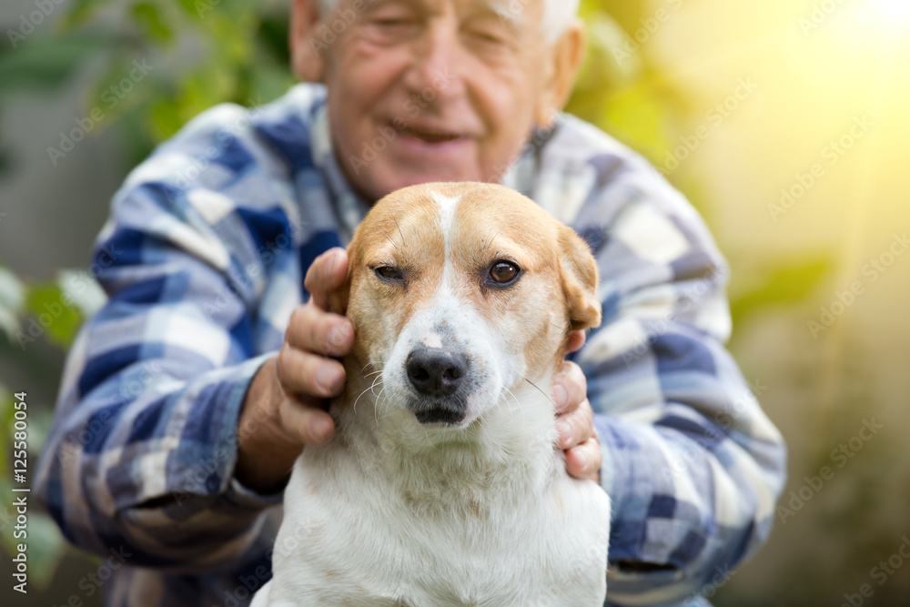 Senior man with dog in courtyard Senior man with dog in courtyard